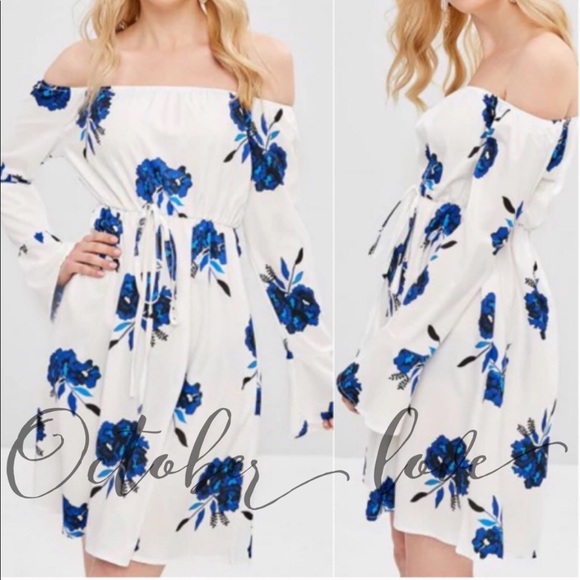 Off shoulder floral dress Blueberry white color - Picture 3 of 3